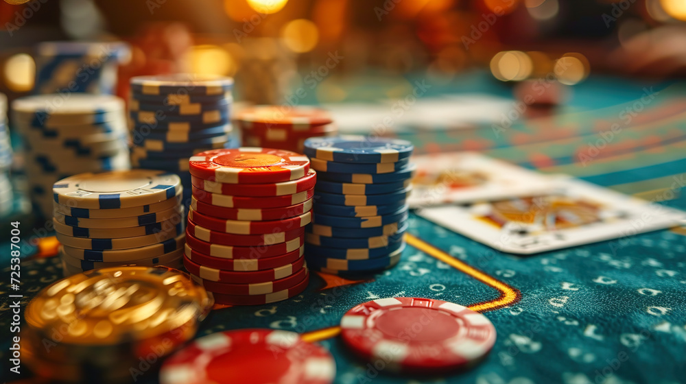 Close-Up of Casino Tokens and Cards on a Table With Blurred Background Close-Up of Casino Tokens and Cards on a Table With Blurred Background