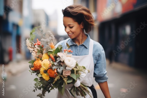 floral arranger incorporating urban debris in a bouquet photo