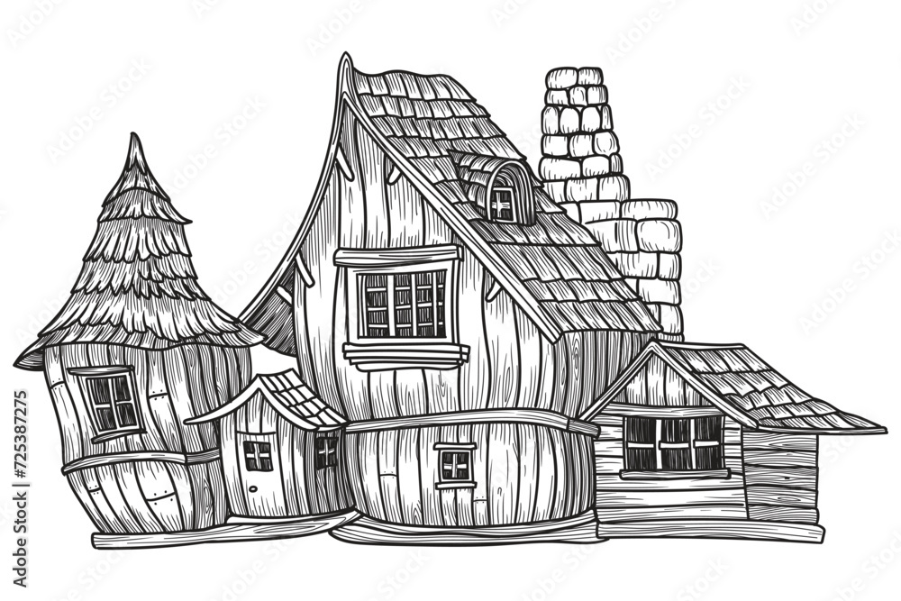 Fairytale children's wooden house with tiled roof. Sketch in cartoon style isolated on white background.