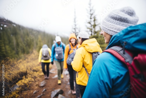 group hiking with backpacks on a mountain trail