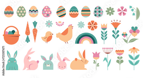 Happy Easter collection of illustrations, icons, symbols and graphic elements. Pastel color set with bunnies, flowers, eggs and basket, Easter card, banner design