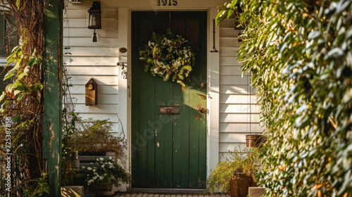 Green front door of a house with a wreath on the front door.