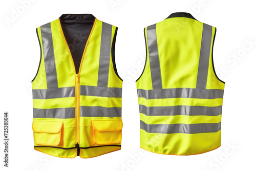 Yellow safety vest mockup Front and back view isolated on a cutout PNG transparent background
