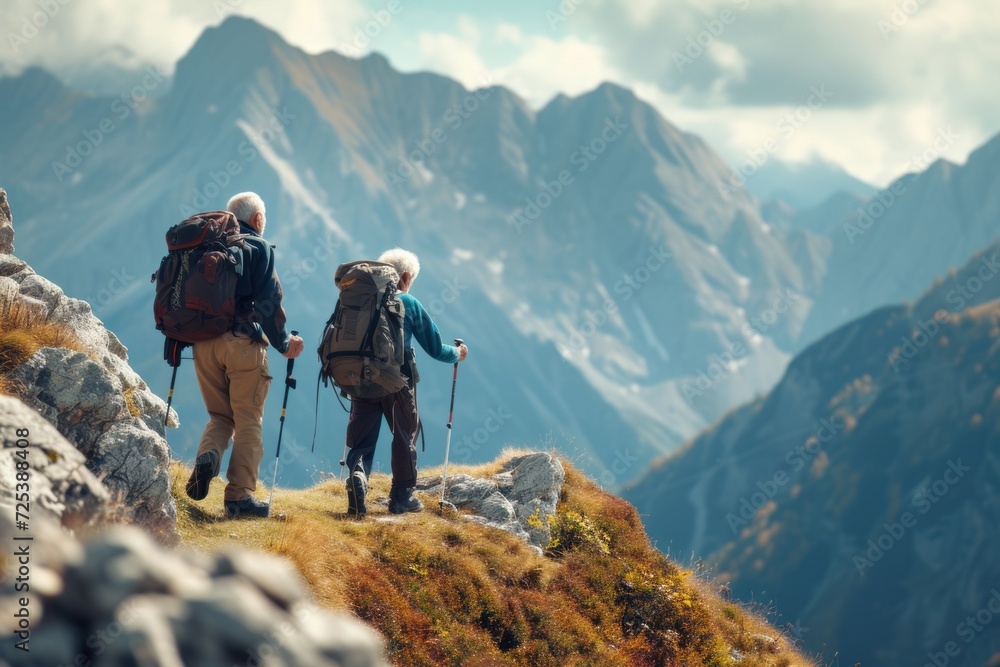 Elderly couple with backpacks hiking in scenic mountain landscape.