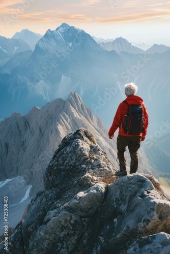 conquering mountain peaks. Older people engage in sports activity for health and longevity