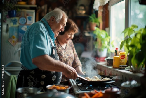 Happy elderly couple laughing and cooking in a homely kitchen.