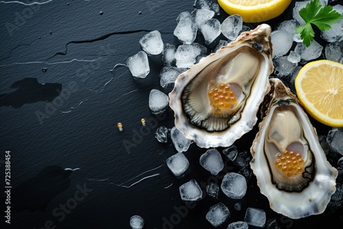 Gourmet oysters topped with vibrant lemon caviar, accompanied by lemon wedges on ice. photo