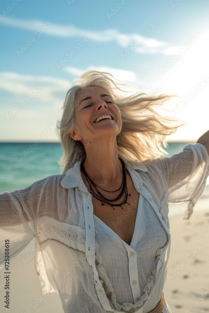 Happy mature woman with arms outstretched feeling the breeze on the beach. Beautiful middle-aged woman with outstretched arms dancing on the beach