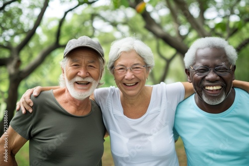 Three senior friends laugh together in a park, showcasing friendship and diversity.