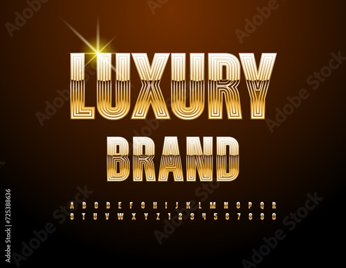 Vector elite label Luxury Brand. Stylish Gold Font. Trendy Exclusive Alphabet Letters and Numbers set photo