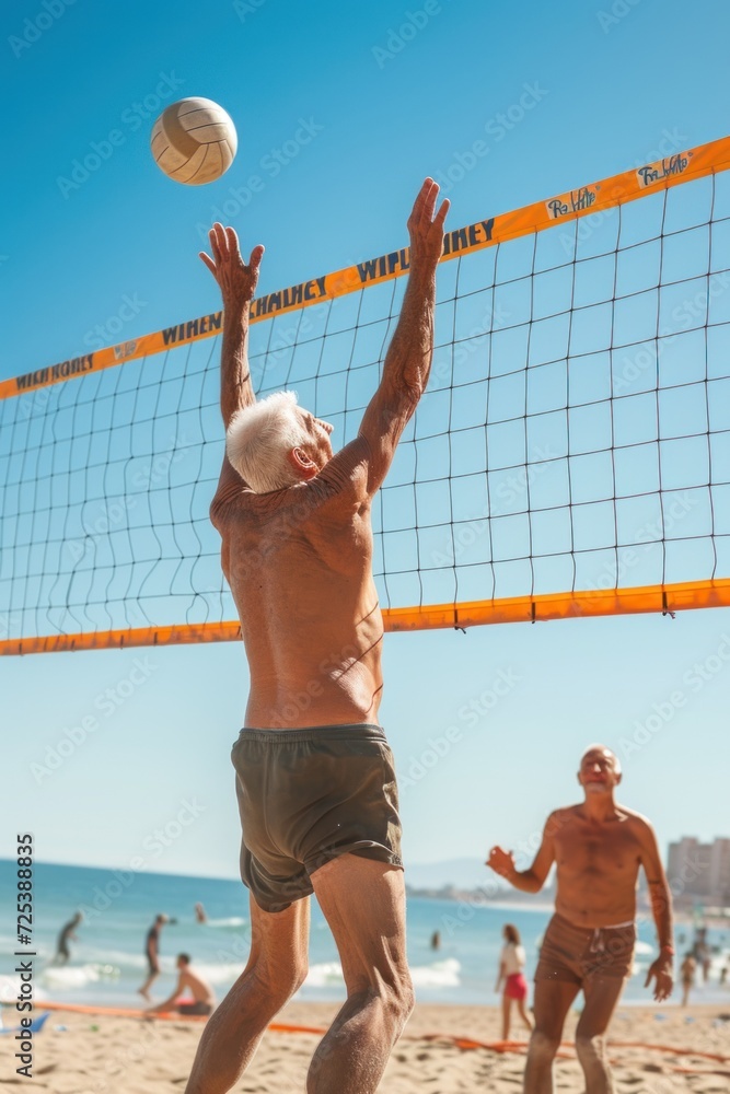 playing volleyball on the beach Older people engage in sports activity for health and longevity