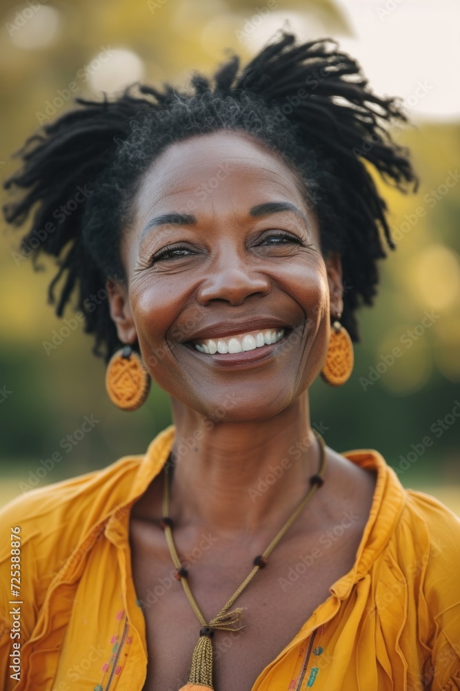 Portrait of smiling middle aged african woman looking at camera. Cheerful black mid adult woman smiling outdoor. Close up face of beautiful black lady laughing at park