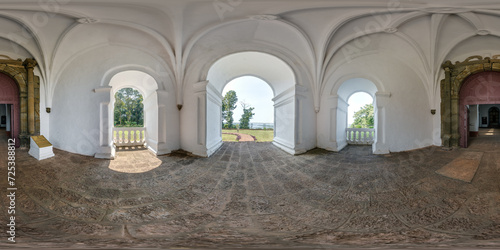 full hdri 360 panorama of entrance hall near old door of portugese catholic church in jungle in equirectangular projection with zenith and nadir. VR AR content