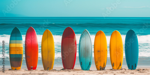 bright surfboards stand in the sand on the beach against the backdrop of the ocean