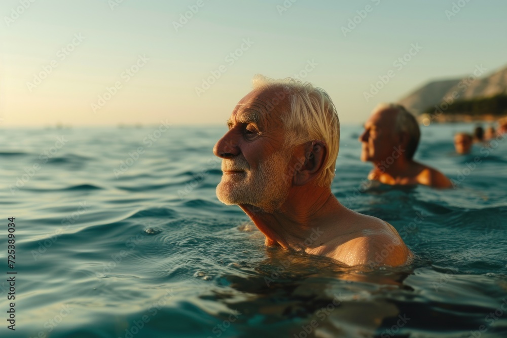 Elderly man enjoying a serene float in the calm sea at dusk
