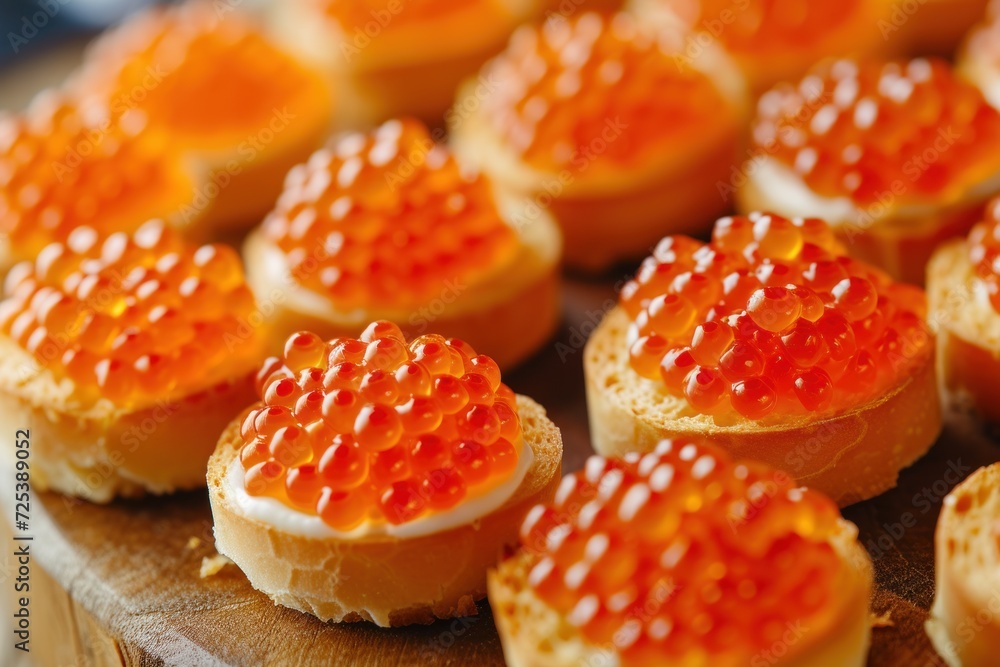 Vibrant red caviar in tartlets garnished with fresh dill on rustic wood - obrazy, fototapety, plakaty 