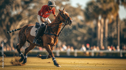 dramatic studio shot of horse polo player use a mallet hit ball in tournament. © STORYTELLER AI