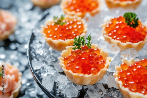 Tartlets with red caviar close up. Gourmet food close up, appetizer. Close-up salmon caviar. Delicatessen. Gourmet food. Texture of caviar. Seafood. lying on a pile of ice