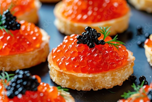 Tartlets with red caviar close up. Gourmet food close up, appetizer. Close-up salmon caviar. Delicatessen. Gourmet food. Texture of caviar. Seafood. red and black caviar