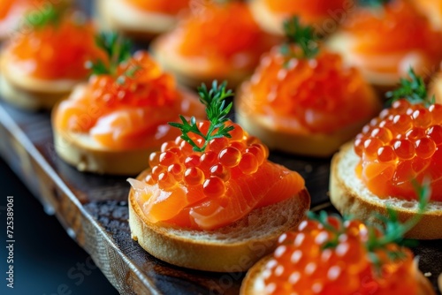 Tartlets with red caviar close up. Gourmet food close up, appetizer. Close-up salmon caviar. Delicatessen. Gourmet food. Texture of caviar. Seafood. blank space for text