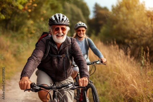 Two happy old mature people enjoying and riding bikes together to be fit and healthy outdoors. Active seniors having fun training in nature. Portrait of one old man smiling in a bike trip with wife