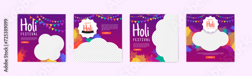 Happy holi festival banner design. Social media post for holi festival. Banner for holi festival with powder ornaments and colorful paint splashes.