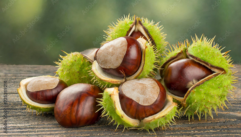 Chestnuts with green peel on a table