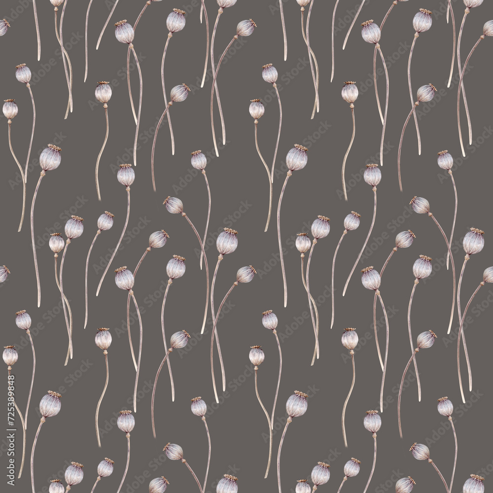 Seamless pattern watercolor illustrations of dry poppy seed boxes and tender botanical for Easter designs. Colorful watercolor plant illustration on a isolated on white background Seamless pattern watercolor illustrations of dry poppy seed boxes and tender botanical for Easter designs. Colorful watercolor plant illustration on a isolated on white background