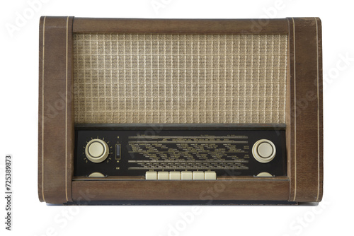 Authentic 50-60s radio receiver. Front view. Isolated on transparent background. Traces of time and scuffs on the body. PNG