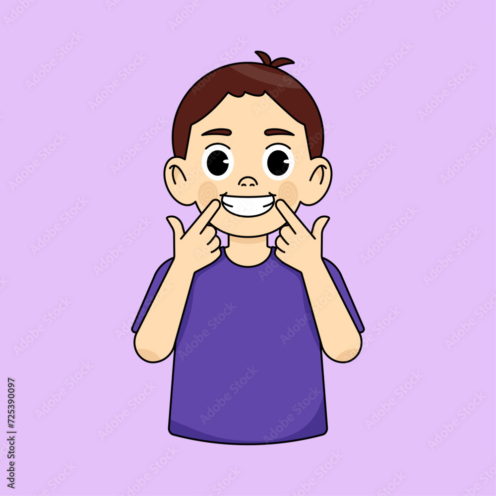 Cute boy with perfect smile pointing finger at mouth Cute boy with perfect smile pointing finger at mouth