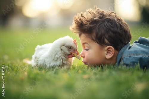 kid and chicken face to face on a grass field photo