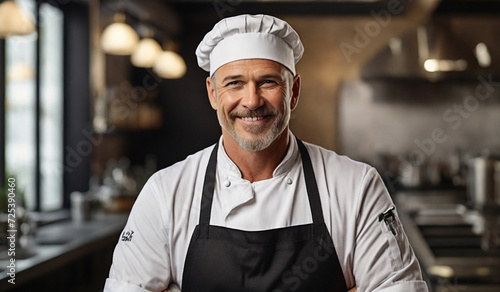 Caucasian middle aged male chef in a chef's hat with arms crossed wears apron standing in restaurant kitchen and smiling