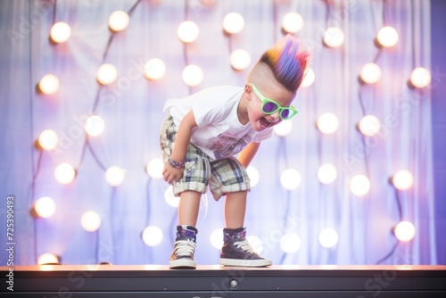 kid with mohawk rocking out on neonlit stage photo