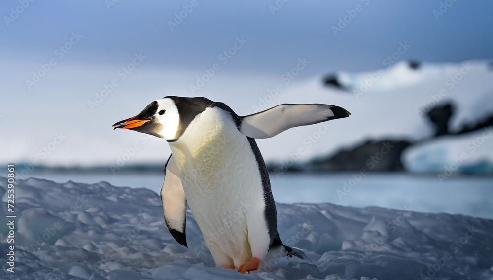 Obraz premium Cute penguin, cold weather, freeze, Antartcica, isolated, snow, ice