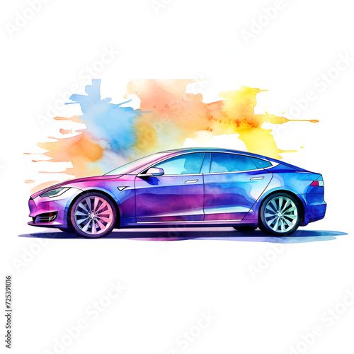 Tesla Car Watercolor Clipart, Ai generative