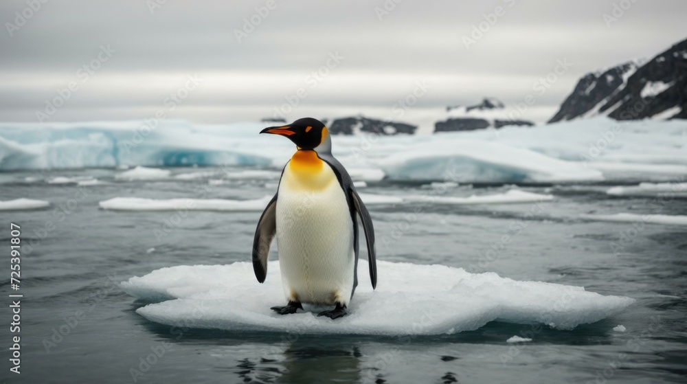 Fototapeta premium A penguin standing on an ice floe in the ocean. Generative AI.
