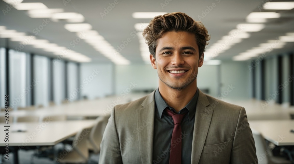Portrait of a young businessman smiling in an office. Generative AI. Portrait of a young businessman smiling in an office. Generative AI.