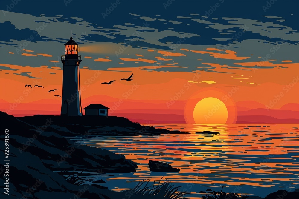 Illustration eines Leuchtturms an der Küste 