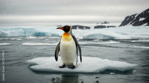 A penguin standing on an ice floe in the ocean. Generative AI.