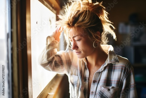 person squinting at sunlight through window, messy hair photo