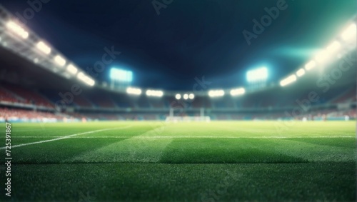 Soccer stadium with lights and grass. Generative AI.