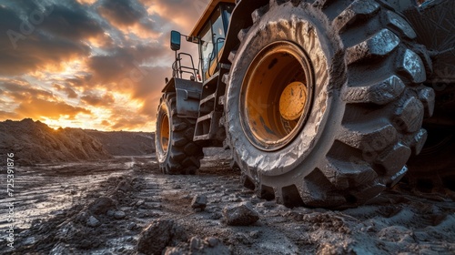 Big rubber wheels of soil grade tractor car earthmoving at road construction side. Close-up of a dirty loader wheel with a large tread with sky sunset photo