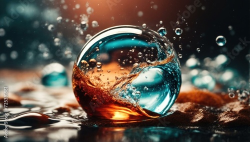A glass ball with water and bubbles. Generative AI.