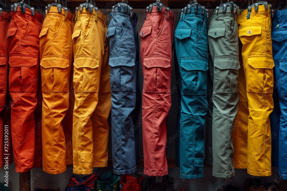 A collection of colorful trousers on a hanger showcases a variety of styles and designs.