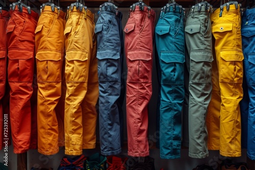 A collection of colorful trousers on a hanger showcases a variety of styles and designs.