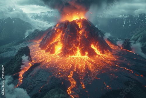 The volcanic eruption painted the night sky with fiery chaos and danger.