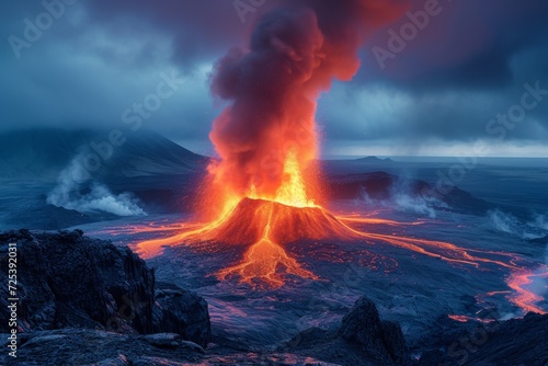 Fiery volcanic eruption at night. Red lava flows down the active mountain, creating a dangerous spectacle.