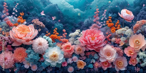 A vibrant underwater world in the deep blue ocean  teeming with aquatic life and colorful flowers blooming.