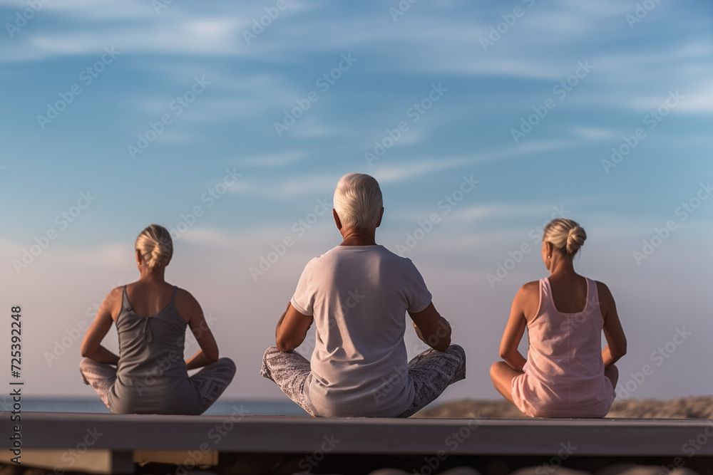 Active mature people enjoying yoga class outdoors on the seashore