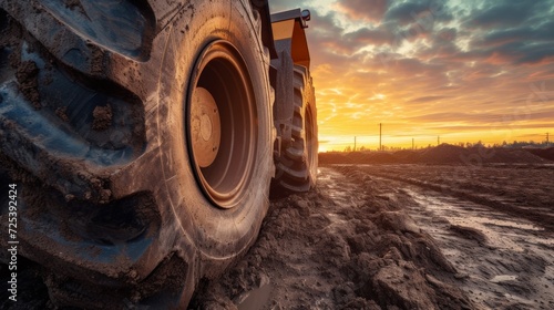 Big rubber wheels of soil grade tractor car earthmoving at road construction side. Close-up of a dirty loader wheel with a large tread with sky sunset